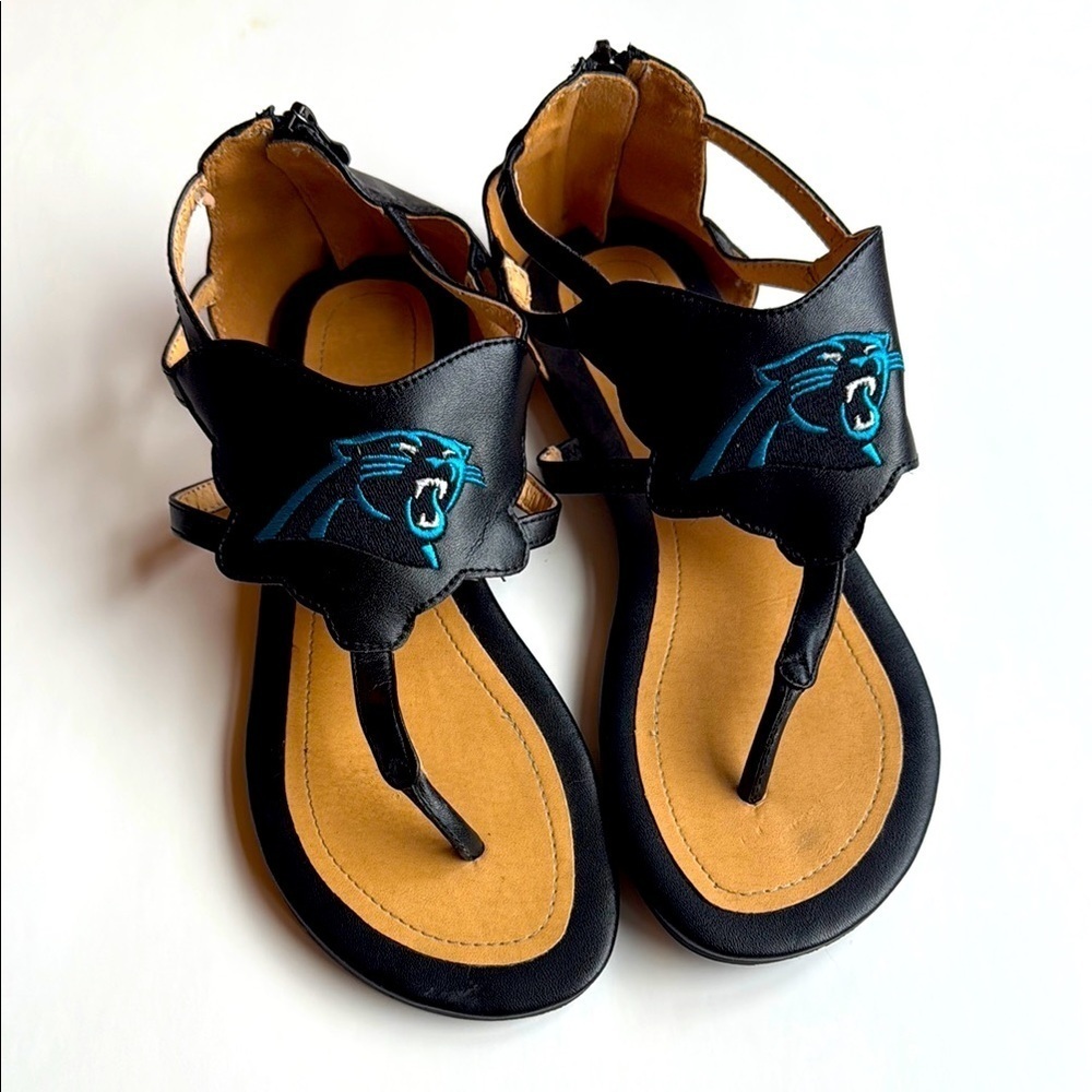 Black Thong Sandals with Carolina Panthers Logo size 9